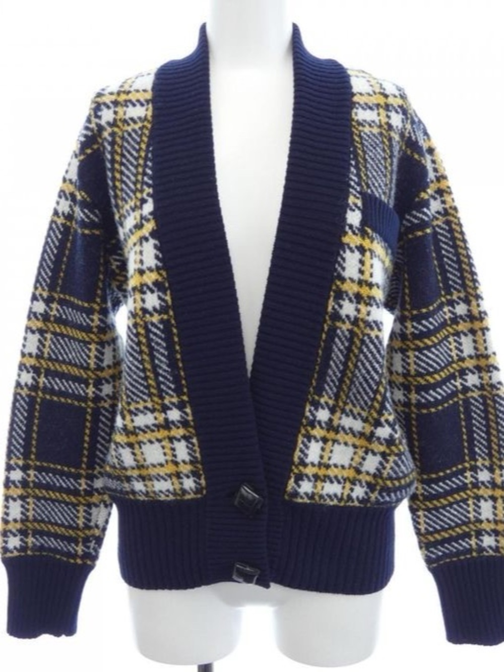 Saint Laurent Navy Jacquard Tartan Cardigan Blue & Yellow Size S